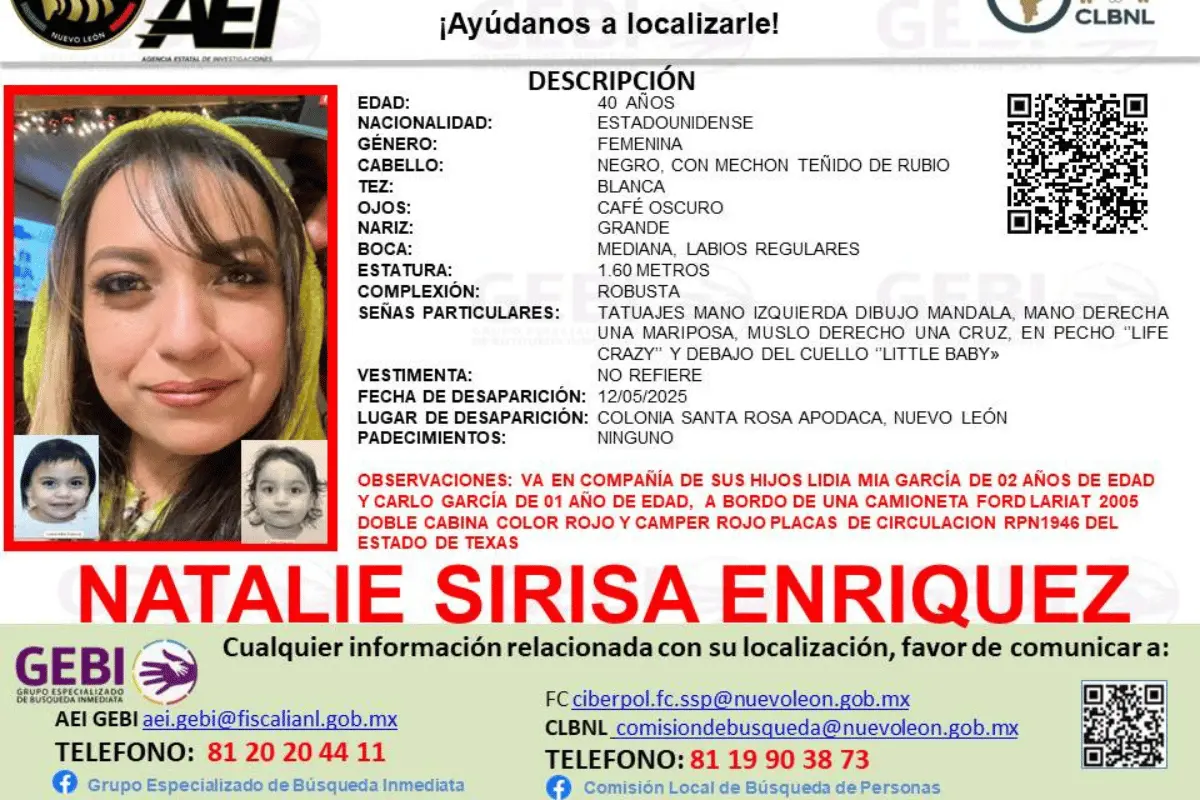 Buscan a Natalie: madre estadounidense desaparecida en Nuevo León con sus dos hijos