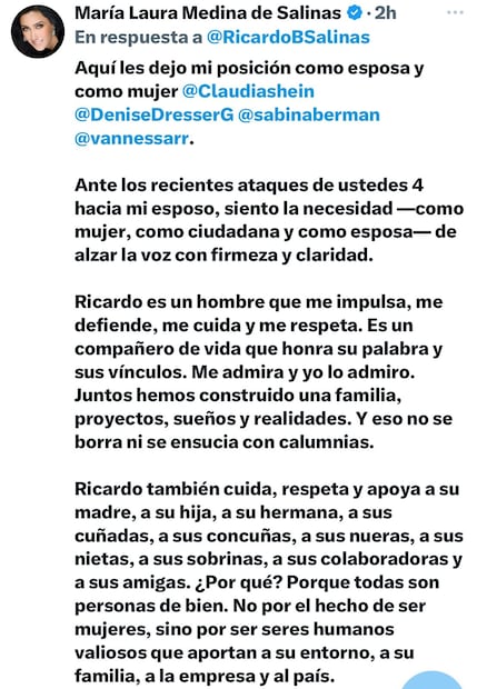 Esposa de Salinas Pliego defiende al empresario ante Sheinbaum