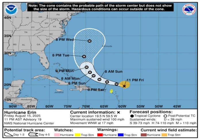 Huracán Erin alcanza categoría 5: Trayectoria y zonas en alerta máxima Huracán Erin alcanza categoría 5: Trayectoria y zonas en alerta máxima