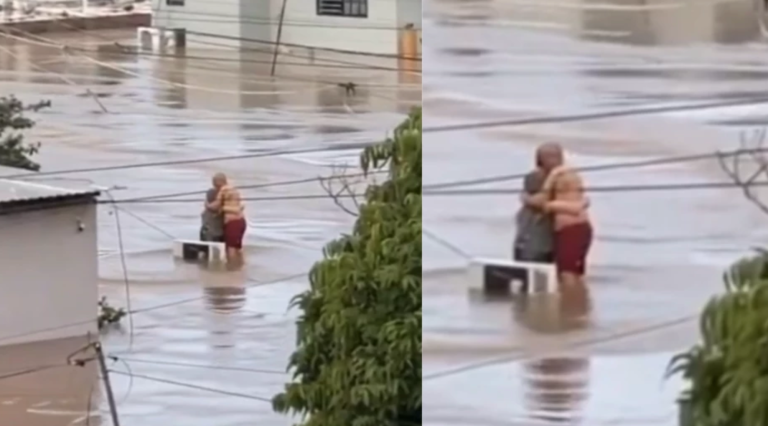 Abuelitos se abrazan en inundación de Poza Rica y esperan rescate