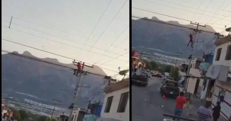 El momento en que un hombre cae tras electrocutarse en Santa Catarina, Nuevo León