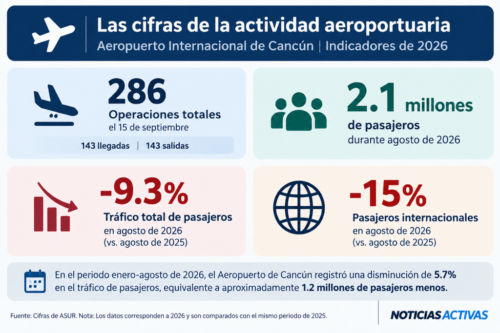  
Aeropuerto de Cancún registra fuerte caída en vuelos y pasajeros; reporta solo 286 operaciones en un día
